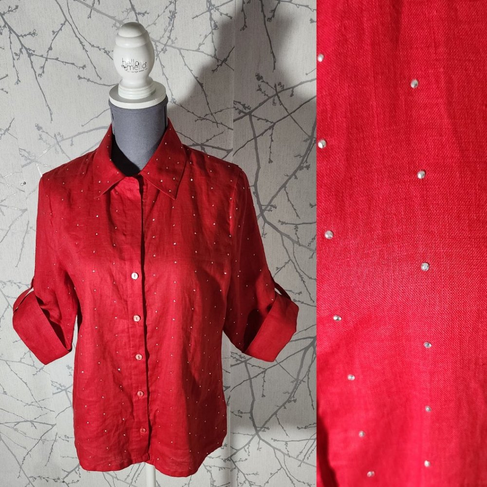 Tracy M. Red 100% Linen Metallic Polkadot Button Front Shirt